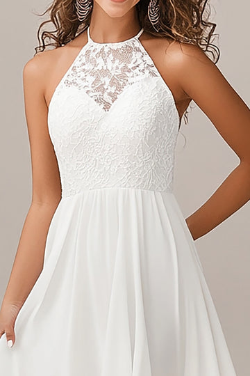 Halter White Chiffon Holiday Dress with Appliques